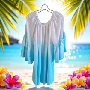 7 islands Blue White Ombre Off Shoulder Bell Sleeve Cover Up-L